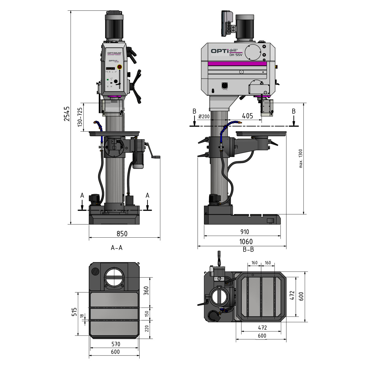 Optimum DH 35G / DH 35V / DH 45V / DH 55G / DH 55V - Engenho de furar de coluna OPTIdrill 400V