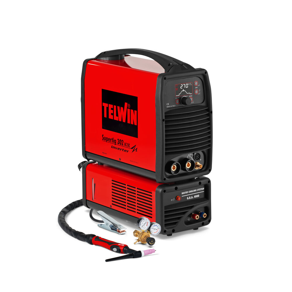 Telwin Supertig 302 AC/DC / 302 AC/DC Aqua / 302 AC/DC Aqua com carro - Aparelho de soldar inverter TIG AC/DC pulsado e MMA trifásico 270A