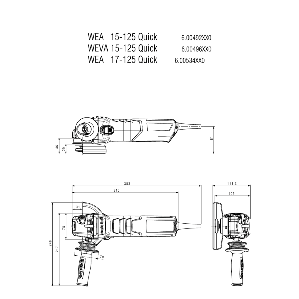 Metabo WEVA 15 / WE 17 / WEV 19 M-Brush / WEVBA 20-125 Quick - Rebarbadora angular de alta potência 1550W a 2000W Ø125mm